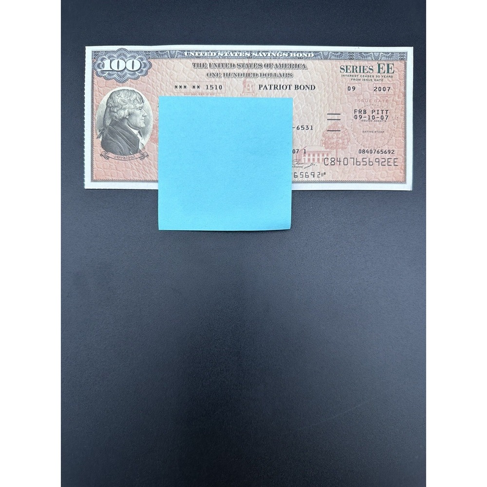 US SAVING BOND JEFFERSON $100.00 2007 SERIES EE GREEN SEAL HISTORICAL DOCUMENT